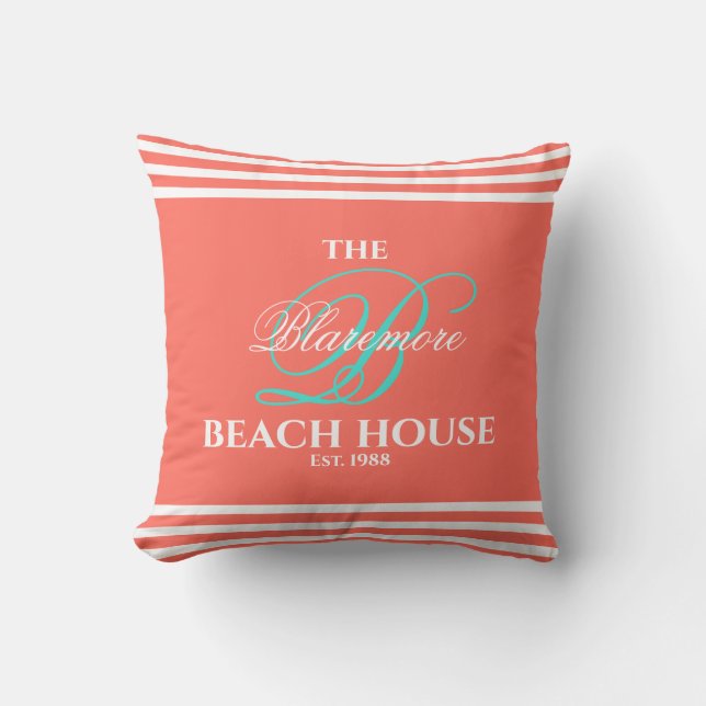 Coral Family Monogram Turquoise Color Initiaal Kussen (Voorkant)