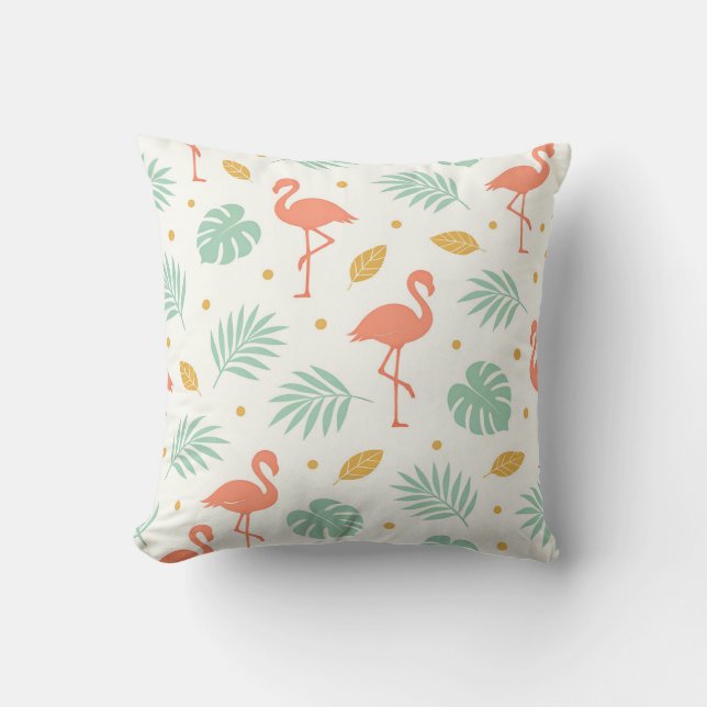 Coral Flamingo Tropical Leaf Pattern Kussen (Voorkant)