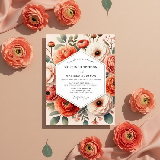 Coral Floral Bloom Romance Wedding Kaart