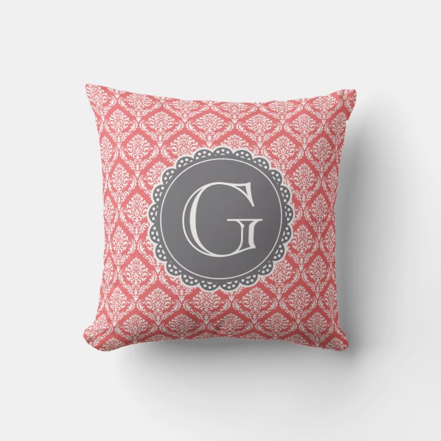Coral Floral Damask Pattern Gray Monogram Kussen (Voorkant)