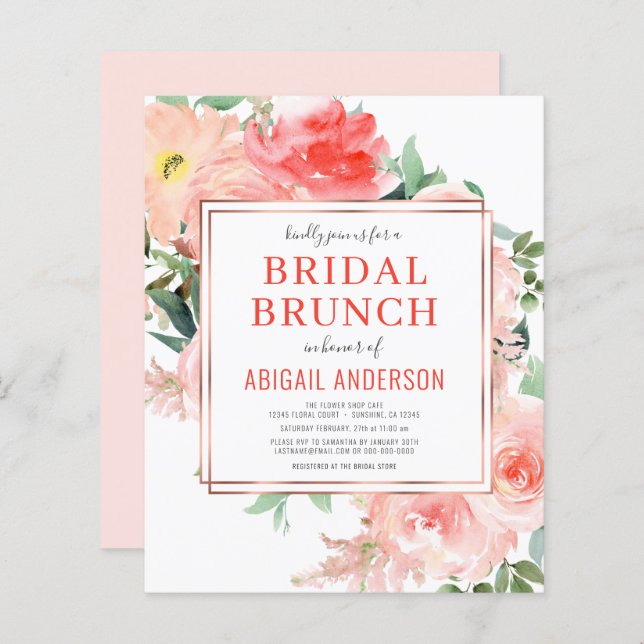 Coral Floral Peach Bridal Brunch Invitation (Voorkant / Achterkant)