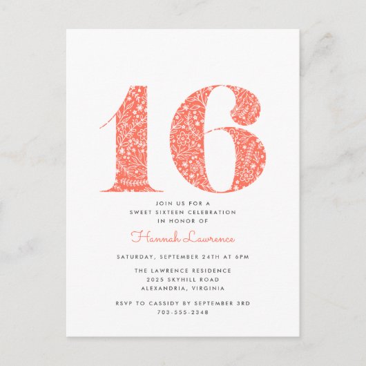 Coral Floral Sweet 16 Anniversaire Invitation (Devant)