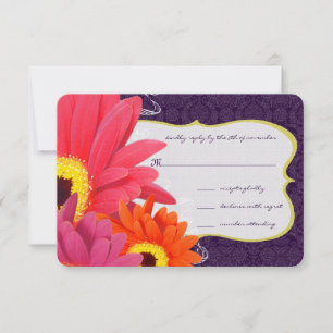 Coral Fuchsia Eggplant Gerber Daisy Wedding RSVP Kaartje