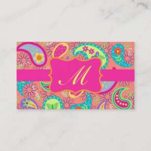 Coral Fuchsia Pink Modern Paisley Monogram Visitekaartje