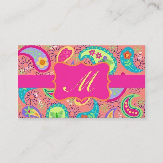 Coral Fuchsia Pink Modern Paisley Monogram Visitekaartje (Voorkant)