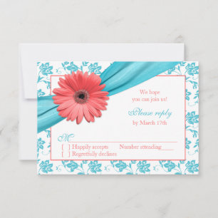 Coral Gerber Daisy Aqua Damask Mariage floral RSVP