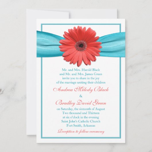 Coral Gerbera Daisy Aqua Ribbon Weddenschap Kaart (Voorkant)