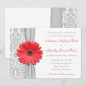 Coral Gerbera Daisy Gray Damask Wedding Invitation Kaart (Voorkant / Achterkant)