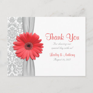 Coral Gerbera Daisy Grey Damask Bruiloft Dank u Briefkaart