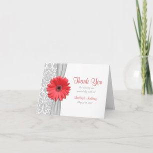 Coral Gerbera Daisy Grey Mariage damassé Merci