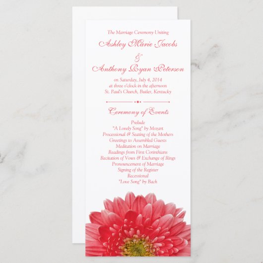 Coral Gerbera Daisy White Wedding Program Programma (Voorkant / Achterkant)