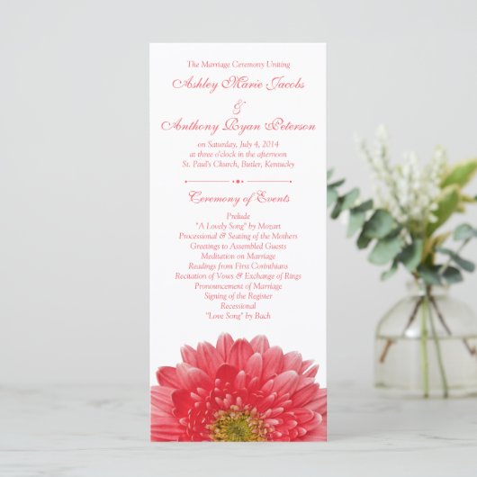 Coral Gerbera Daisy White Wedding Program Programma (Staand voorkant)