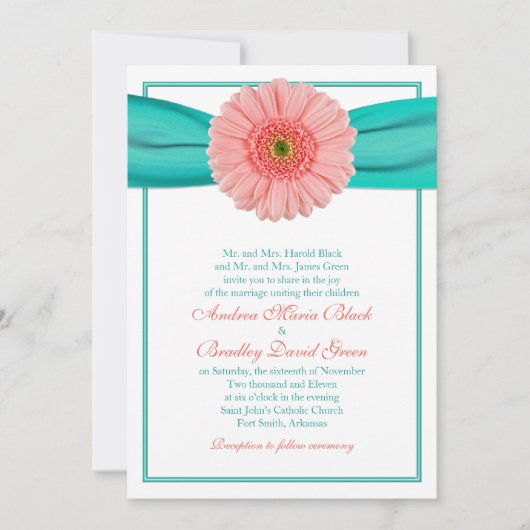 Coral Gerbera Faire-part de mariage Turquoise (Devant)