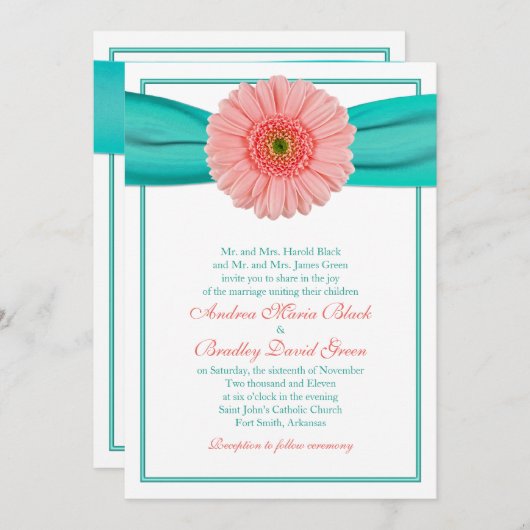 Coral Gerbera Faire-part de mariage Turquoise (Devant / Derrière)