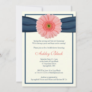 Coral Gerbera Navy Ribbon Bridal Shower Kaart