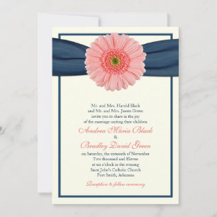Coral Gerbera Navy Ribbon Wedding Invitation Kaart