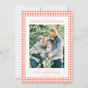 Coral Gingham Kerst Foto Feestdagenkaart