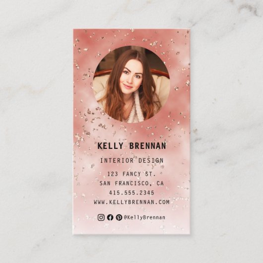 Coral Glitter Foto Visitekaartje met QR Code (Voorkant)