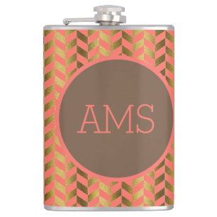 Coral & Gold Herringbone Monogram Heupfles