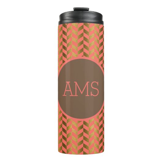 Coral & Gold Herringbone Monogram Thermosbeker (Voorkant)