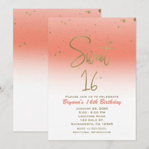 Coral & Gold Modern Glam SWEET 16 Birthday Party Kaart