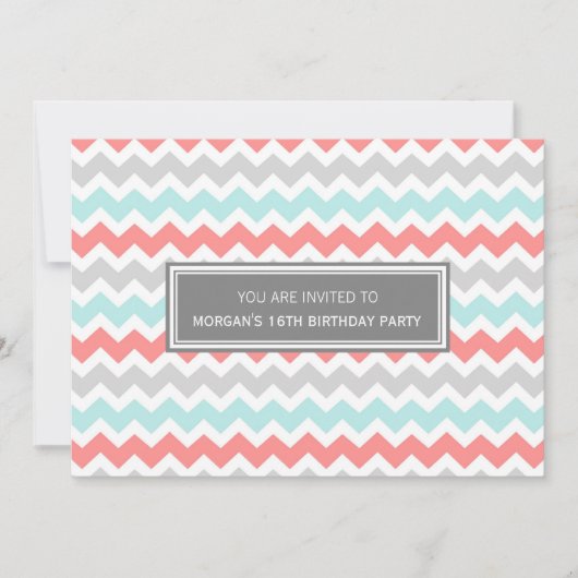 Coral Gray Chevron 16e anniversaire Invitation à l (Devant)