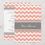 Coral Gray Chevron Bat Mitzvah Invitaties Kaart (Voorkant / Achterkant)