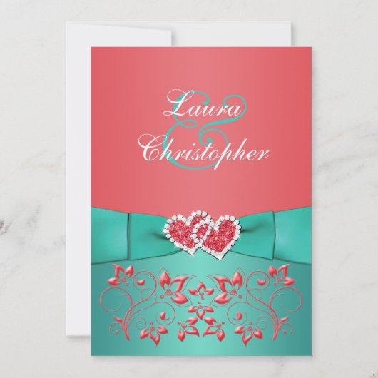 Coral Green Floral Joined Hearts Wedding Invite 2 Kaart (Voorkant)