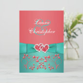 Coral Green Floral Joined Hearts Wedding Invite 2 Kaart (Staand voorkant)