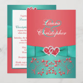 Coral Green Floral Joined Hearts Wedding Invite 2 Kaart (Voorkant / Achterkant)