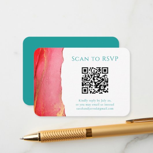 Coral Green QR Code Wedding RSVP Enclosure Kaart (Voorkant / Achterkant in situ)
