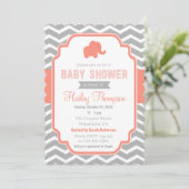 Coral Grey Chevron Elephant Baby shower Invitation (Debout devant)
