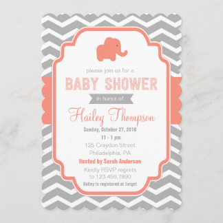 Coral Grey Chevron Elephant Baby shower Uitnodigen Kaart