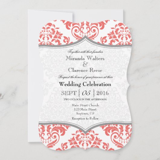 Coral Grey Damask Bracket Wedding Invite Kaart (Voorkant)