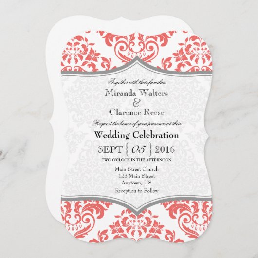 Coral Grey Damask Bracket Wedet Invitation (Devant / Derrière)