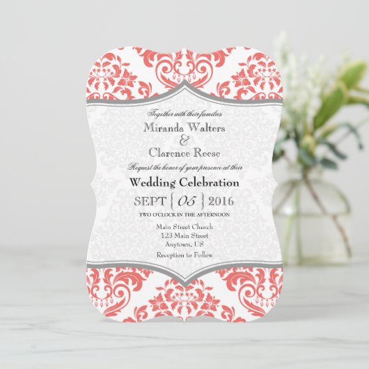 Coral Grey Damask Bracket Wedet Invitation (Debout devant)