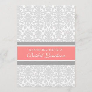Coral Grey Damask Bridal Lunch Invitation Cards Kaart