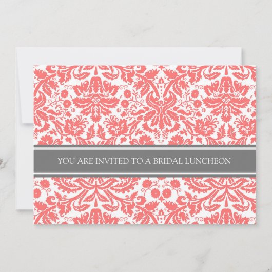 Coral Grey Damask Bridal Lunch Invitation Kaart (Voorkant)
