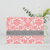 Coral Grey Damask Bridal Lunch Invitation Kaart (Staand voorkant)