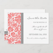 Coral Grey Damask Enregistrer la date Carte postal (Devant / Derrière)