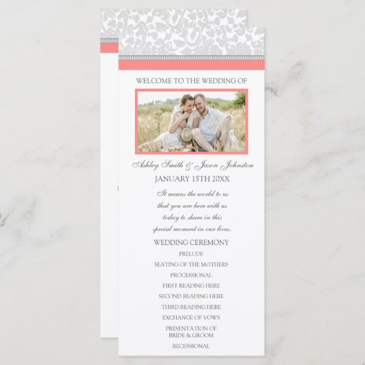 Coral Grey Damask Foto Trouwprogramma Programma (Voorkant / Achterkant)