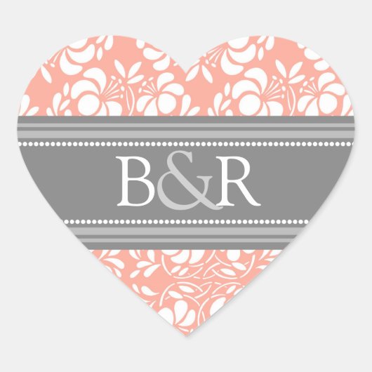 Coral Grey Damask Monogram Envelop Seal Hart Sticker (Voorkant)