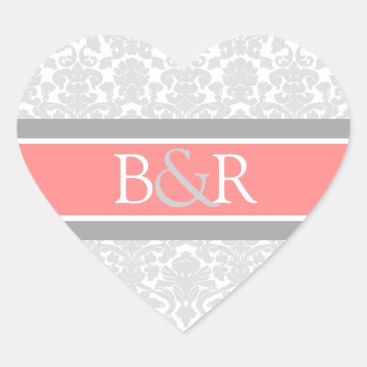 Coral Grey Damask Monogram Envelop Seal Hart Sticker (Voorkant)