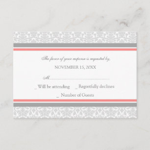Coral Grey Damask RSVP Weddenskaart