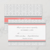 Coral Grey Damask RSVP Weddenskaart (Voorkant / Achterkant)