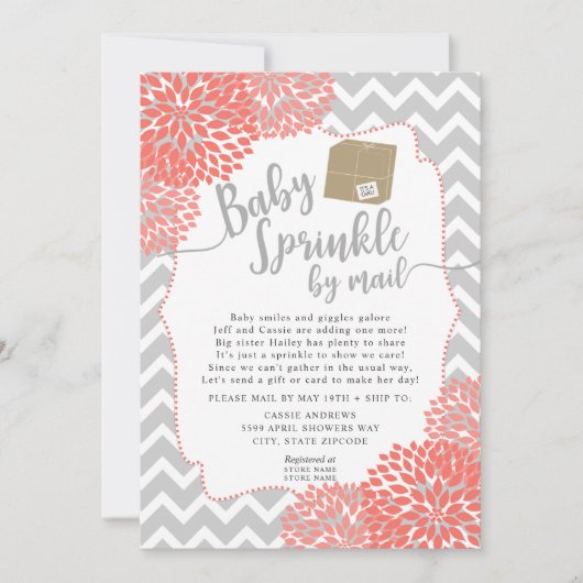 Coral Grey Floral Baby Sprinky par mail Invitation (Devant)