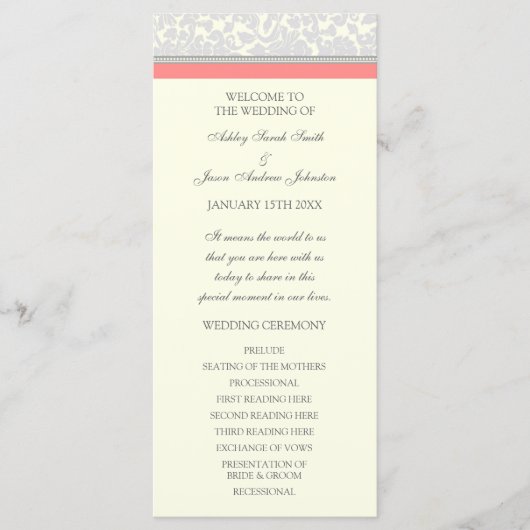 Coral Grey Off White Damask Wedding Program Programma (Voorkant)