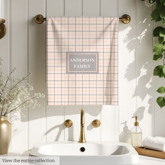Coral Grey Tartan Towels Personalized Chic Set