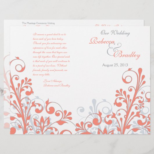 Coral gris blanc abstrait programme de mariage flo (Devant / Derrière)
