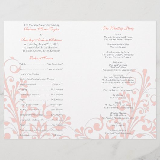 Coral gris blanc abstrait programme de mariage flo (Dos)